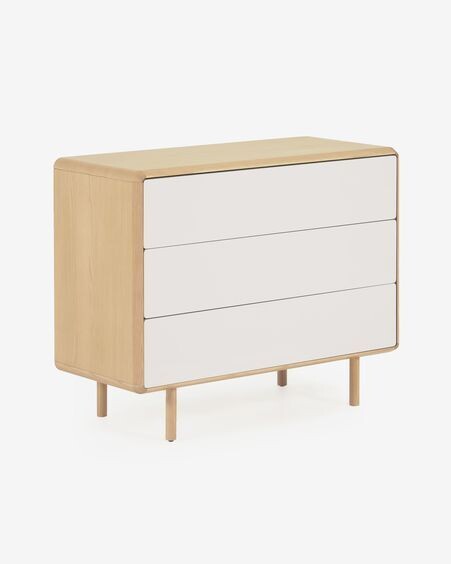Cómoda Anielle de 3 cajones de madera maciza y chapa de fresno 99 x 78,5 cm