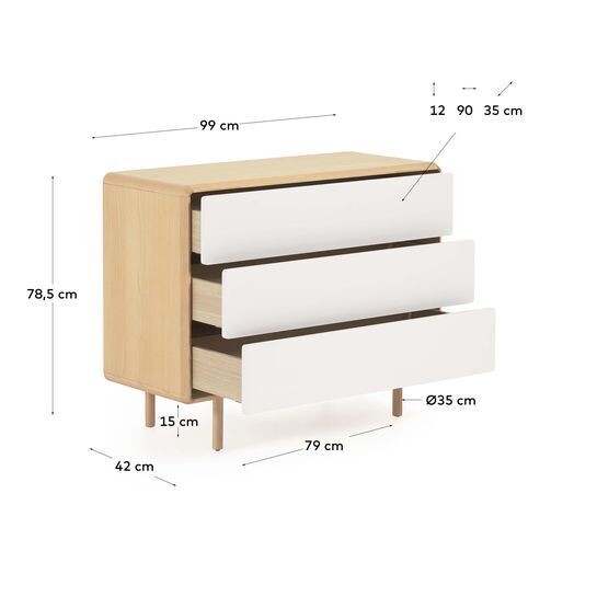 Cómoda Anielle de 3 cajones de madera maciza y chapa de fresno 99 x 78,5 cm