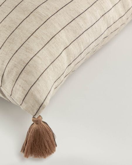 Funda de cojín Sagira 100% algodón beige con rayas y borlas marrón 45 x 45 cm