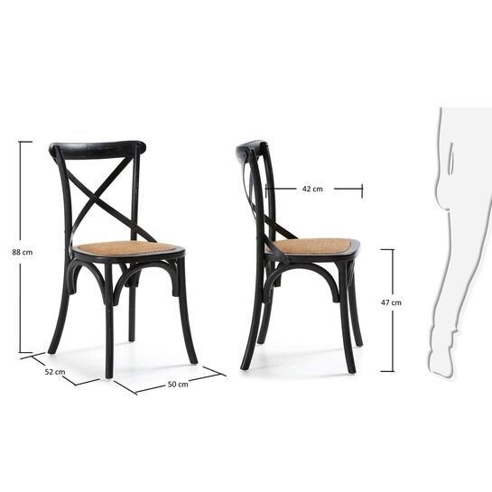 Silla Alsie de madera maciza de olmo lacado negro y asiento de ratán