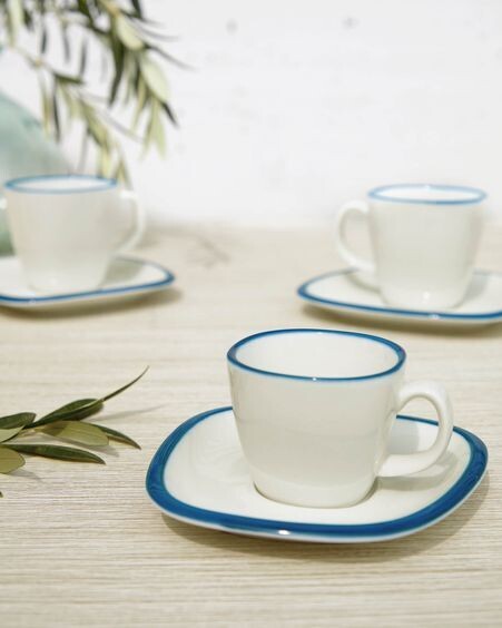 Taza de café con plato Odalin de porcelana blanco y azul