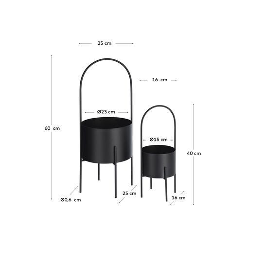 Set redondo Mash de 2 maceteros con asa metal negro Ø 25 cm / Ø 16,5 cm