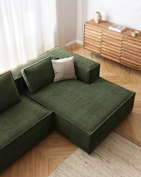 Sofá Blok 3 plazas chaise longue derecho pana gruesa verde 300 cm