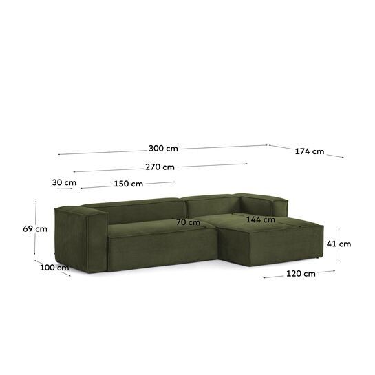 Sofá Blok 3 plazas chaise longue derecho pana gruesa verde 300 cm
