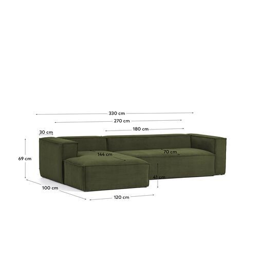 Sofá Blok 4 plazas chaise longue izquierdo pana gruesa verde 330 cm