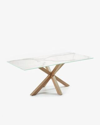 Mesa Argo porcelánico blanco y patas de acero efecto madera 200 x 100 cm