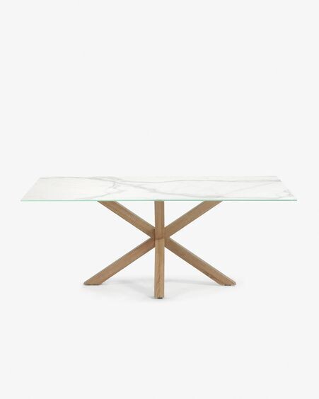 Mesa Argo porcelánico blanco y patas de acero efecto madera 200 x 100 cm