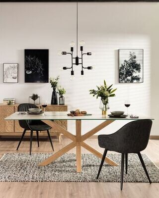Mesa Argo porcelánico blanco y patas de acero efecto madera 200 x 100 cm
