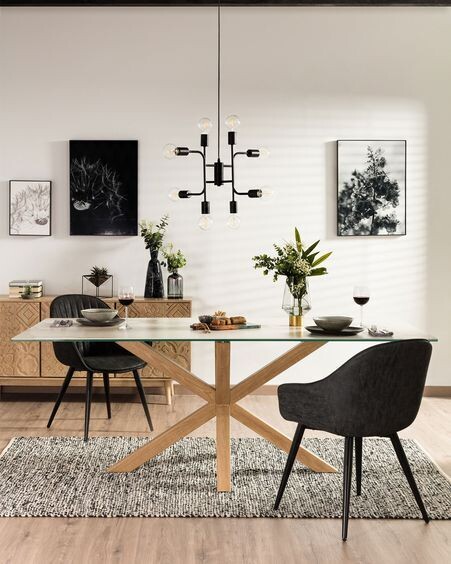 Mesa Argo porcelánico blanco y patas de acero efecto madera 200 x 100 cm