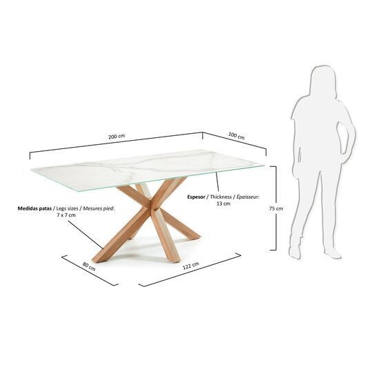 Mesa Argo porcelánico blanco y patas de acero efecto madera 200 x 100 cm