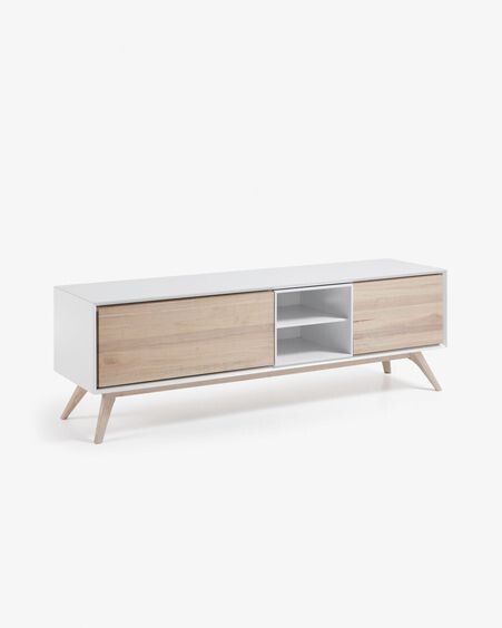 Mueble TV Eunice 2 puertas de chapa de fresno y lacado blanco 174 x 56 cm