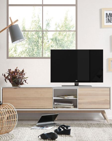 Mueble TV Eunice 2 puertas de chapa de fresno y lacado blanco 174 x 56 cm