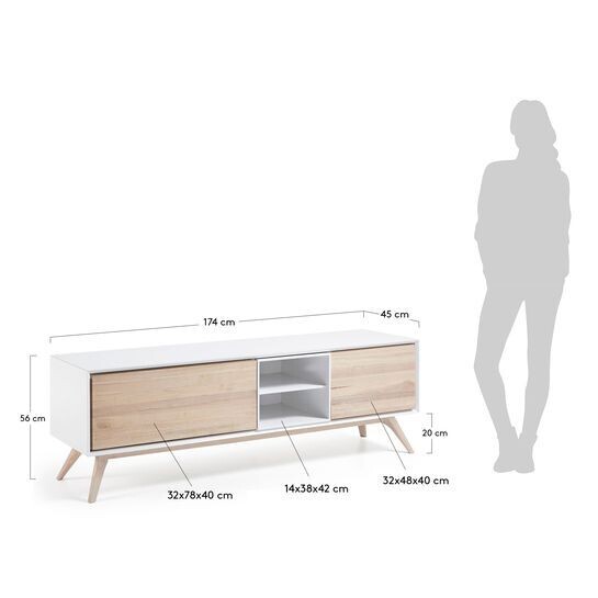 Mueble TV Eunice 2 puertas de chapa de fresno y lacado blanco 174 x 56 cm