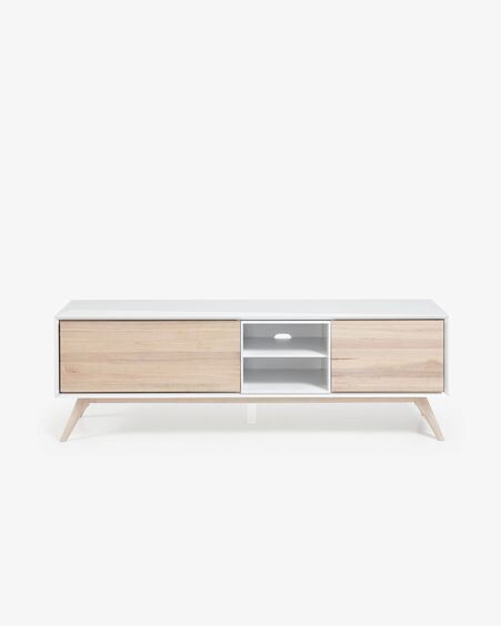 Mueble TV Eunice 2 puertas de chapa de fresno y lacado blanco 174 x 56 cm