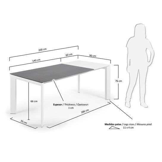 Mesa extensible Axis porcelánico acabado Vulcano Roca y patas acero blanco 140 (200) cm