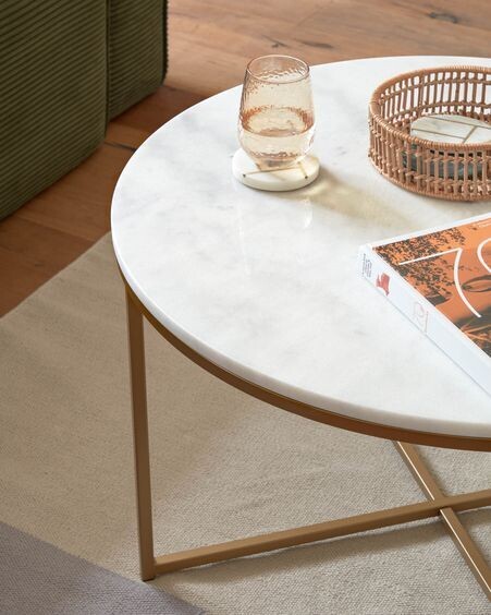 Mesa de centro Sheffield de mármol blanco y patas de acero acabado dorado Ø 80 cm