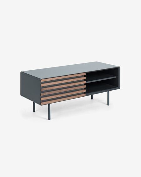 Mueble TV Kesia de chapa de nogal y lacado negro 120 x 48,5 cm