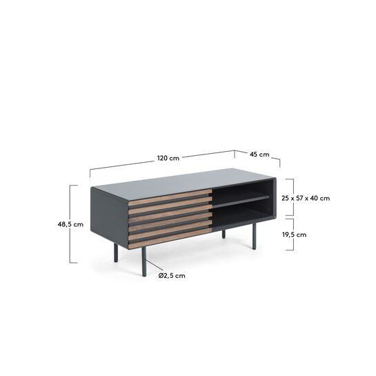 Mueble TV Kesia de chapa de nogal y lacado negro 120 x 48,5 cm