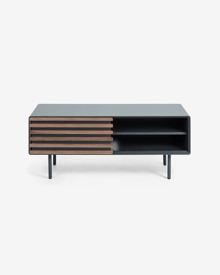 Mueble TV Kesia de chapa de nogal y lacado negro 120 x 48,5 cm