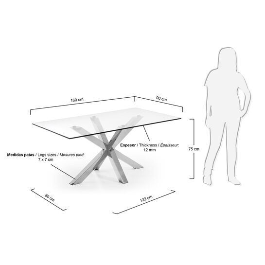 Mesa Argo de cristal y patas de acero inoxidable 160 x 90 cm
