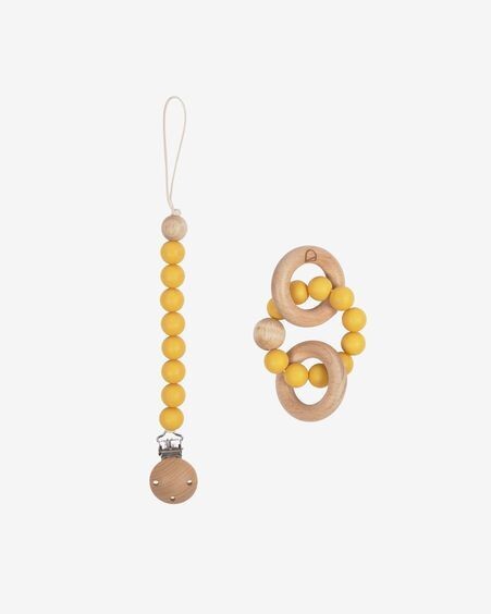 Set Epiphany de chupetero y mordedor de silicona mostaza y madera