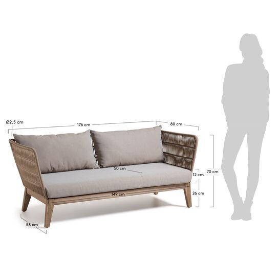 Sofá Belleny 3 plazas cuerda beige y madera maciza de eucalipto 176 cm FSC 100%