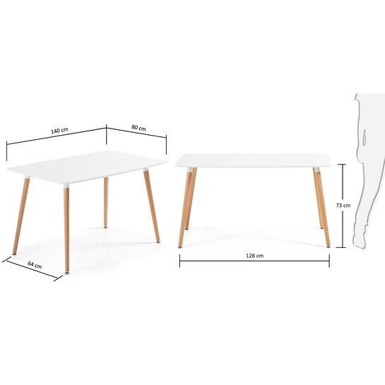 Mesa Wad 140 x 80 cm cm lacado blanco patas de madera maciza de haya