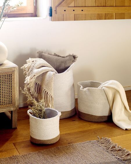 Cesta grande Telma de algodón y yute blanco