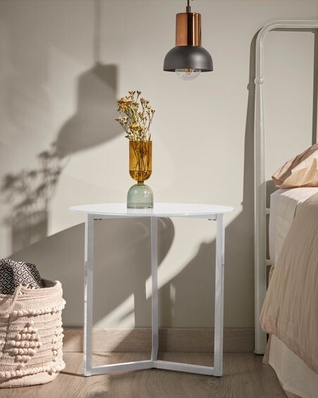 Mesa auxiliar Raeam cristal templado y acero acabado blanco Ø 50 cm