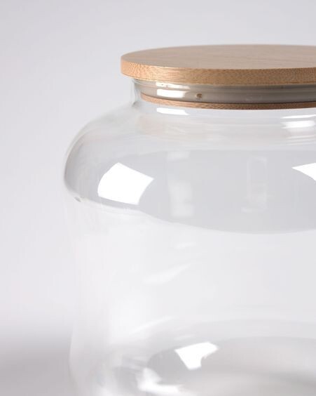 Bote grande Cirene de vidrio transparente y madera de bambú