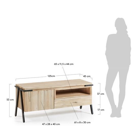 Mueble TV Thinh de madera maciza de acacia y patas de acero con acabado negro 125 x 53 cm