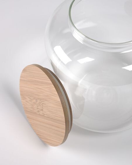 Bote grande Cirene de vidrio transparente y madera de bambú