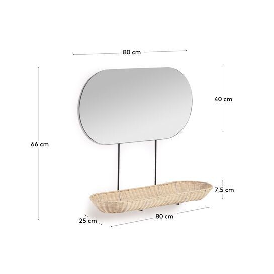 Espejo de pared grande Ebian con estante de ratán con acabado natural 80 x 29 cm