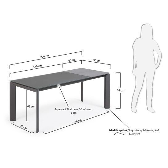 Mesa extensible Axis de cristal gris y patas de acero acabado grafito 140 (200) cm