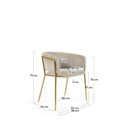 Silla Runnie de chenilla beige con patas de acero con acabado dorado
