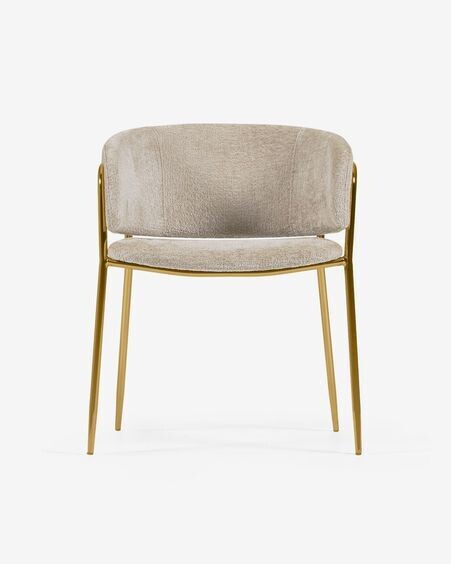 Silla Runnie de chenilla beige con patas de acero con acabado dorado