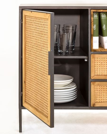Aparador Kyoko 120 x 75 cm de madera maciza de abeto mimbre y acero