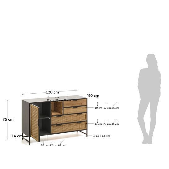 Aparador Kyoko 120 x 75 cm de madera maciza de abeto mimbre y acero