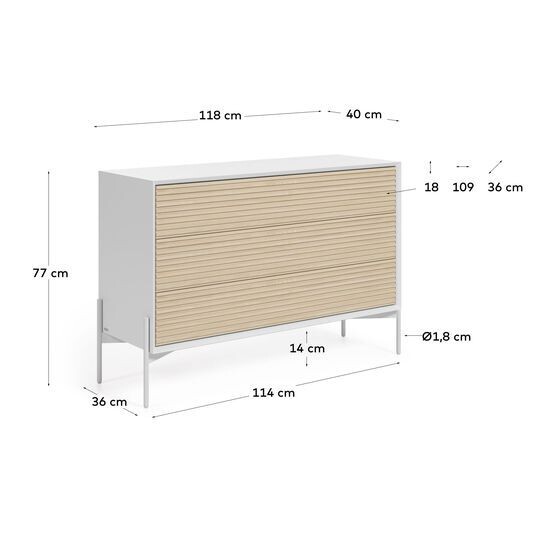 Cómoda Marielle con 3 cajones de chapa de fresno y lacado blanco 116 x 76 cm
