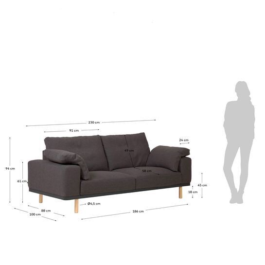 Sofá Noa 3 plazas con cojines gris patas acabado natural 230 cm