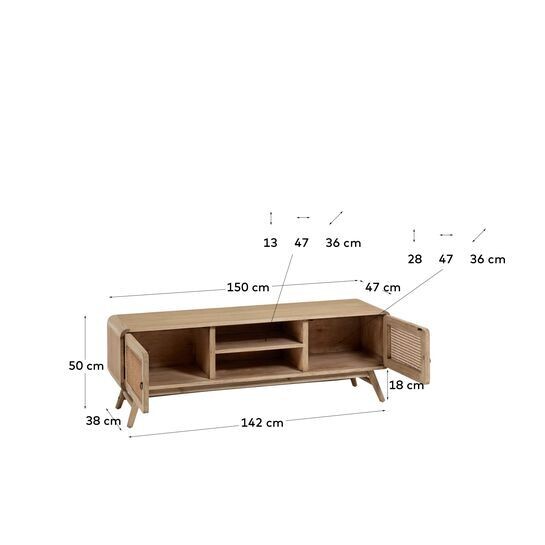 Mueble TV Nalu de madera maciza de mindi y ratán 150 x 50 cm