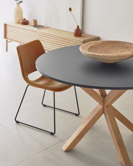 Mesa redonda Full Argo DM lacado negro patas de acero efecto madera Ø 119 cm