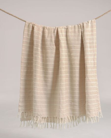 Manta Sweeney 100% algodón rayas blanco y beige 170 x 130 cm
