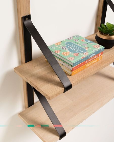 Estantería de pared Nazeli de madera maciza de abedul y piel negro 60 x 60 cm