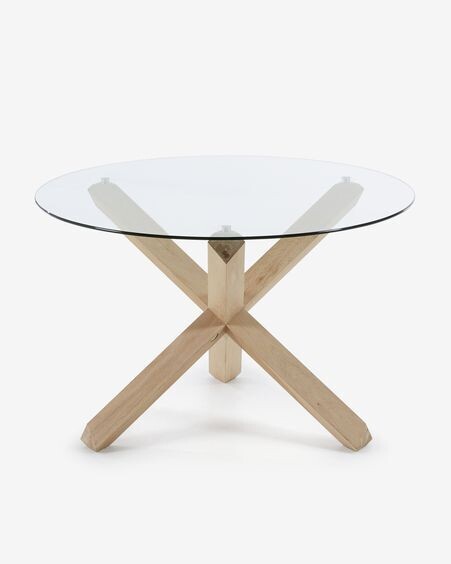 Mesa redonda Lotus de cristal y patas de madera maciza de roble Ø 120 cm