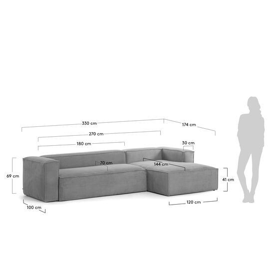 Sofá Blok 4 plazas chaise longue derecho pana gruesa gris 330 cm