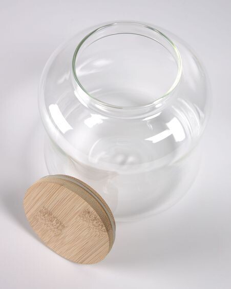 Bote pequeño Cirene de vidrio transparente y madera de bambú