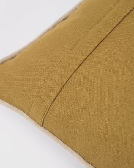Funda cojín Julina 100 % algodón terciopelo mostaza y borde blanco 45 x 45 cm