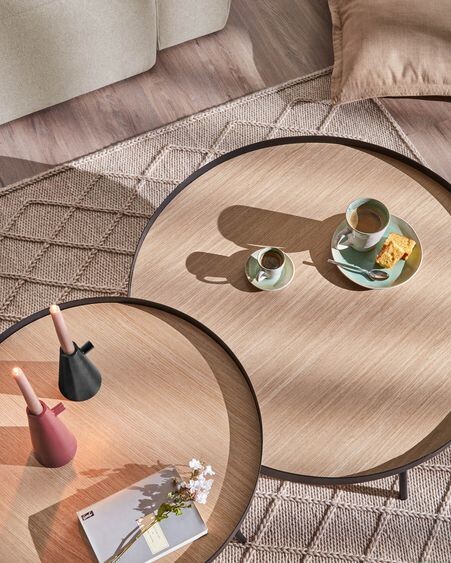 Mesa de centro Nenet MDF efecto roble y estructura de acero acabado negro Ø 84 cm