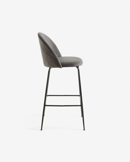 Taburete Ivonne terciopelo gris y acero con acabado negro altura 76 cm
